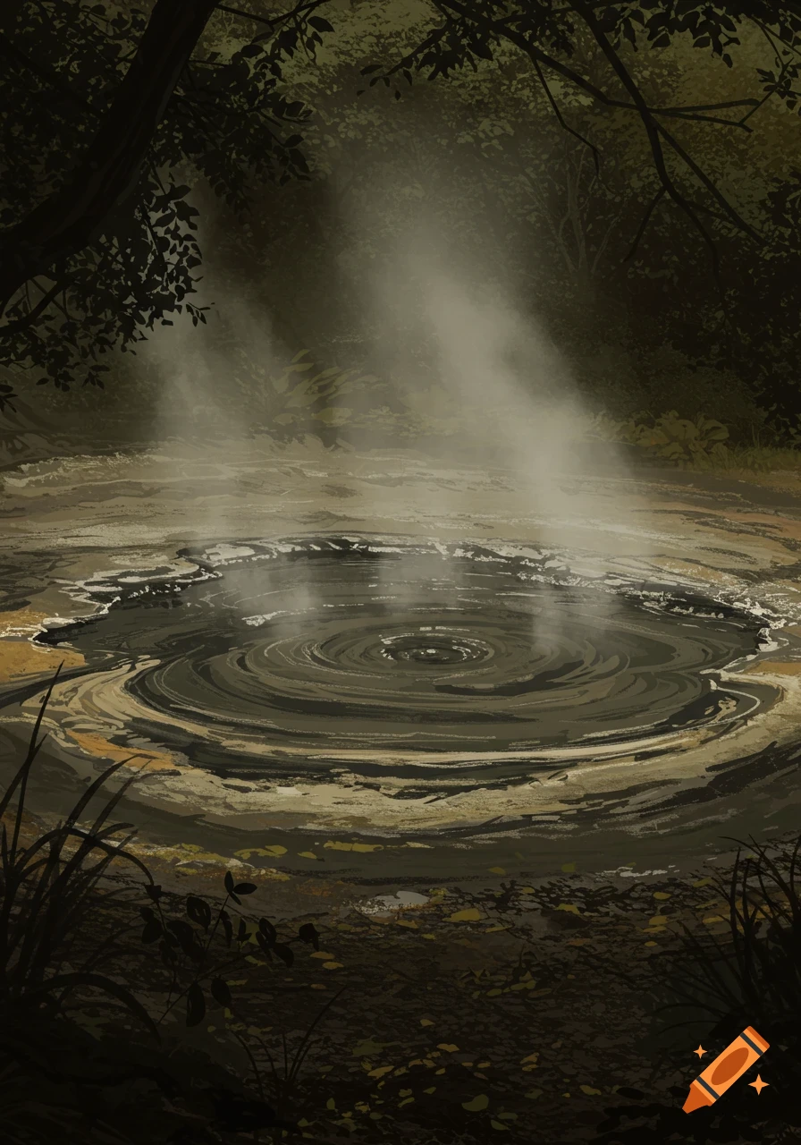 A steaming, muddy hot spring bubbles in a dark, lush forest, with light rays piercing through the mist.