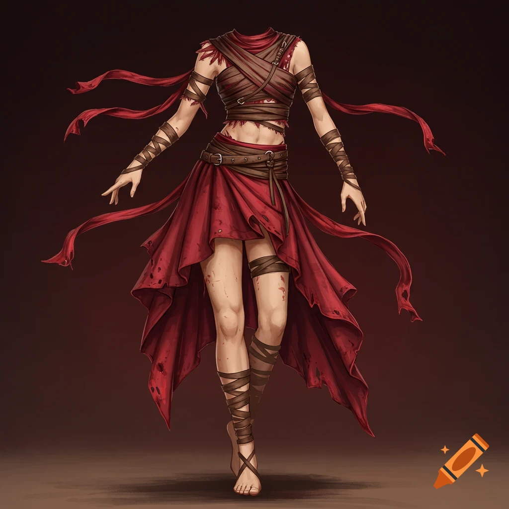Headless figure in a red and brown war-themed costume with bandages and flowing fabric, concept art.