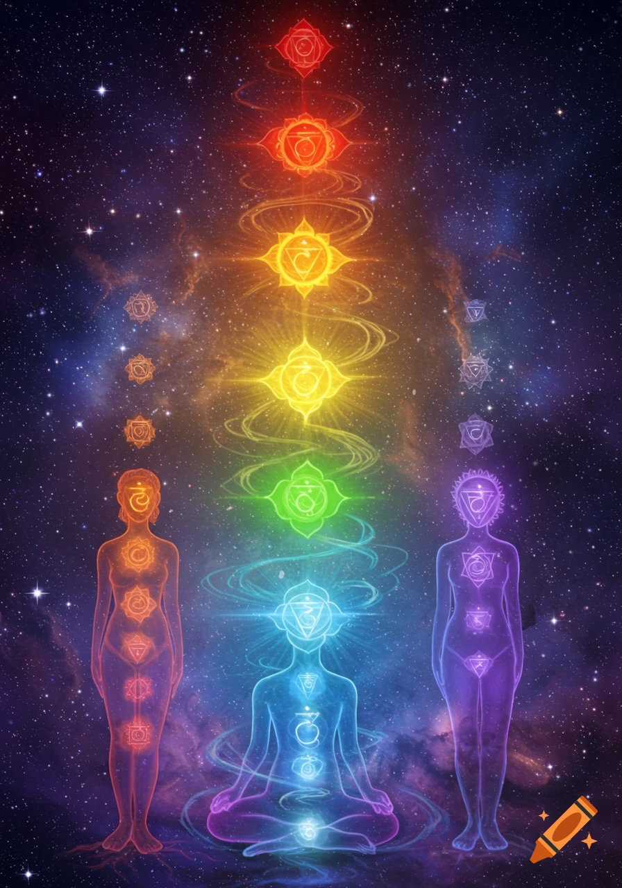Three ethereal figures, one meditating, in a cosmic setting with glowing chakras aligned, emitting colorful light and energy trails.