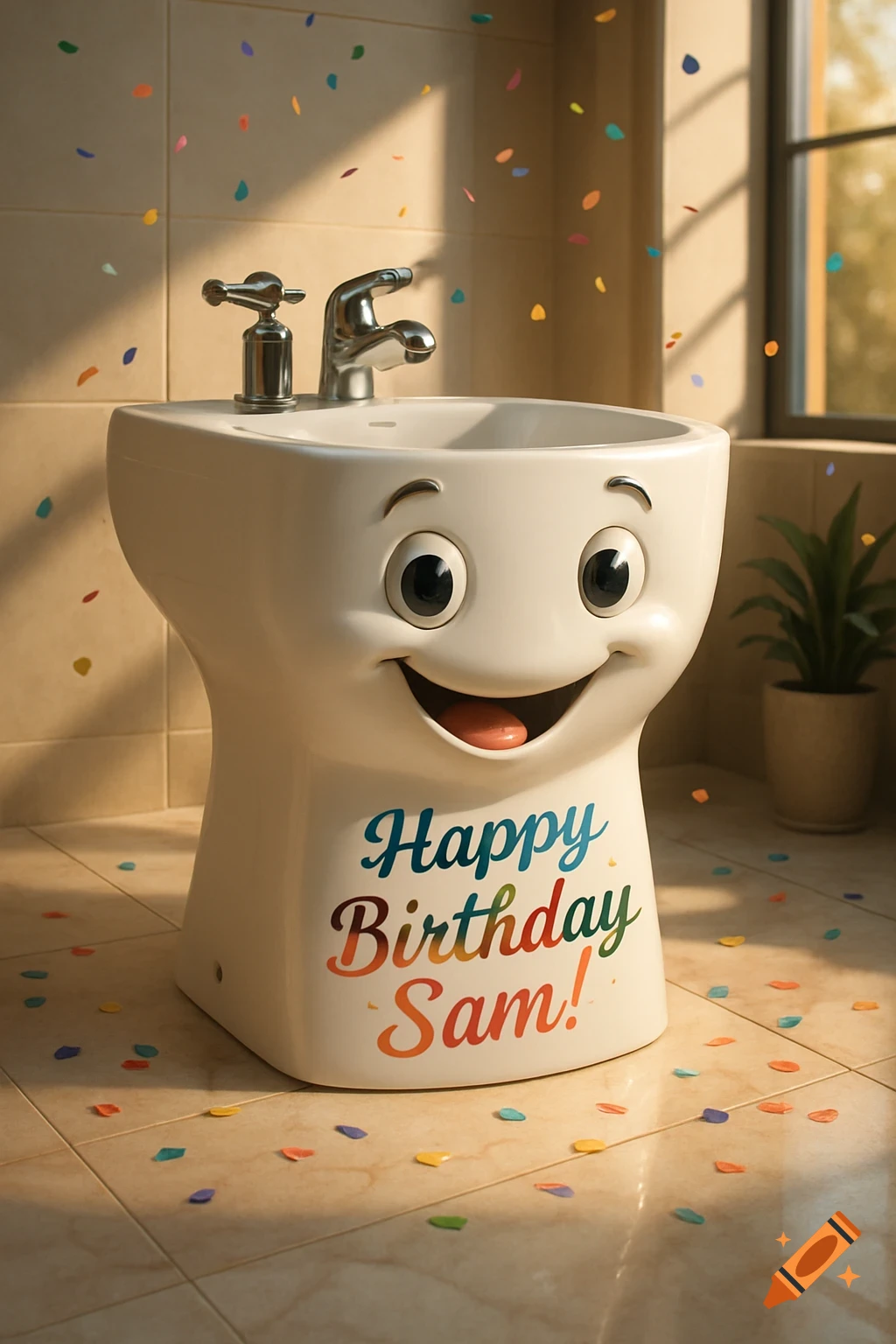 A happy anthropomorphic bidet with "Happy Birthday Sam!" written on it, surrounded by colorful confetti on a tiled bathroom floor.