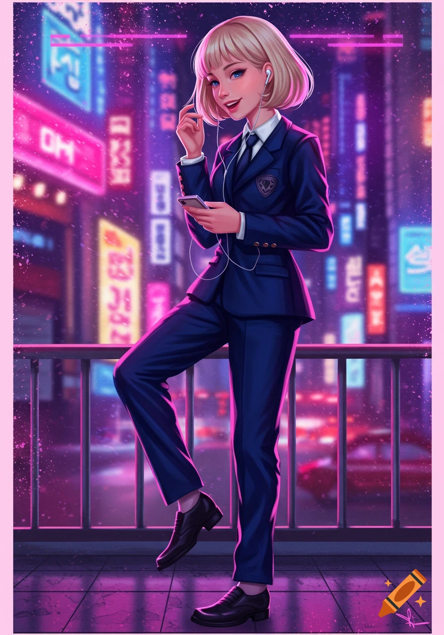 An anime-style girl with blonde bob hair and a navy suit stands on a balcony at night, looking at the viewer. She holds a phone and wears earphones, against a backdrop of blurry neon city lights.