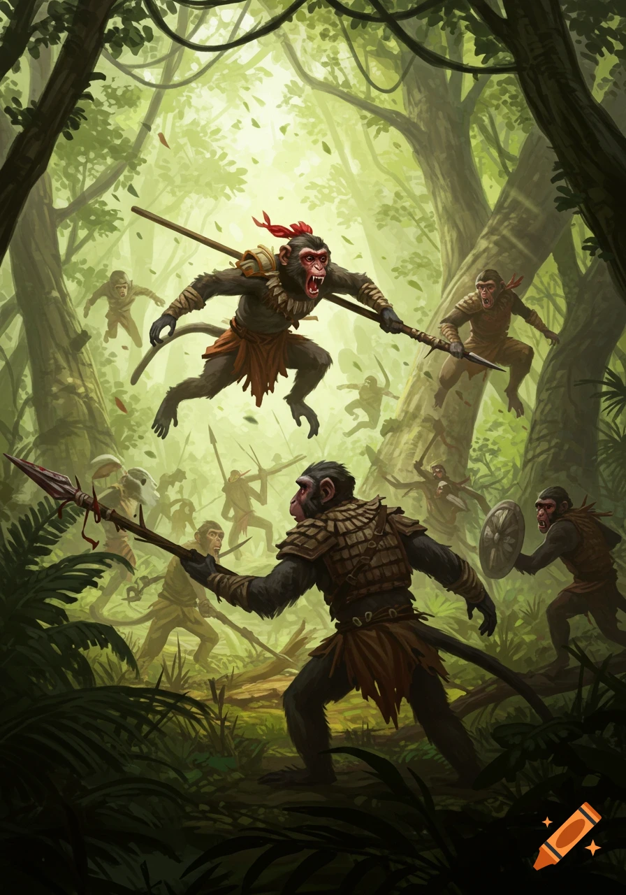 Anthropomorphic monkeys in tribal armor and red headbands wield spears and shields, battling in a lush, sunlit jungle.