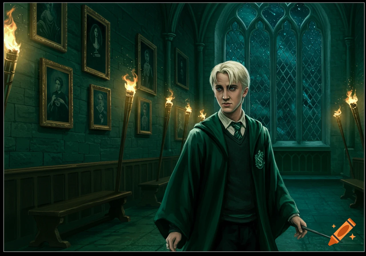 Draco Malfoy stands in a dark green, torch-lit stone hall with portraits and an arched window, looking serious and holding a wand.