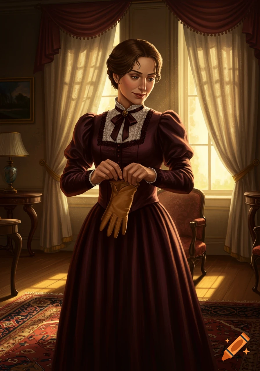 A woman in a burgundy Victorian dress puts on a tan glove in a sunlit, elegant period room.