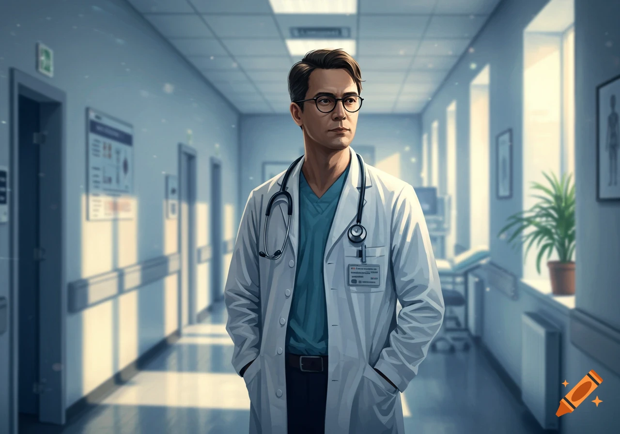 A male doctor in a white lab coat and stethoscope stands in a brightly lit hospital hallway.