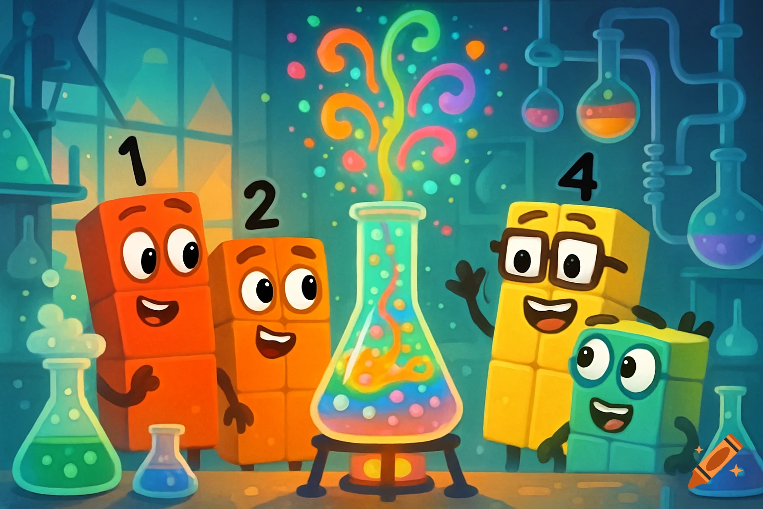 Cartoon Numberblocks 1, 2, and 4 in a science lab, with a bubbling flask creating colorful swirls and dots.