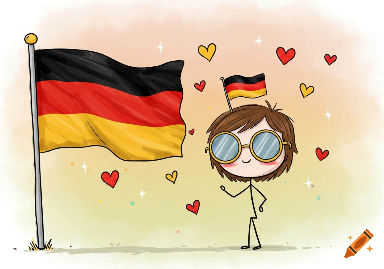 A cute hand-drawn stick figure with sunglasses and a mini German flag on its head waves beside a large German flag, with hearts floating around.