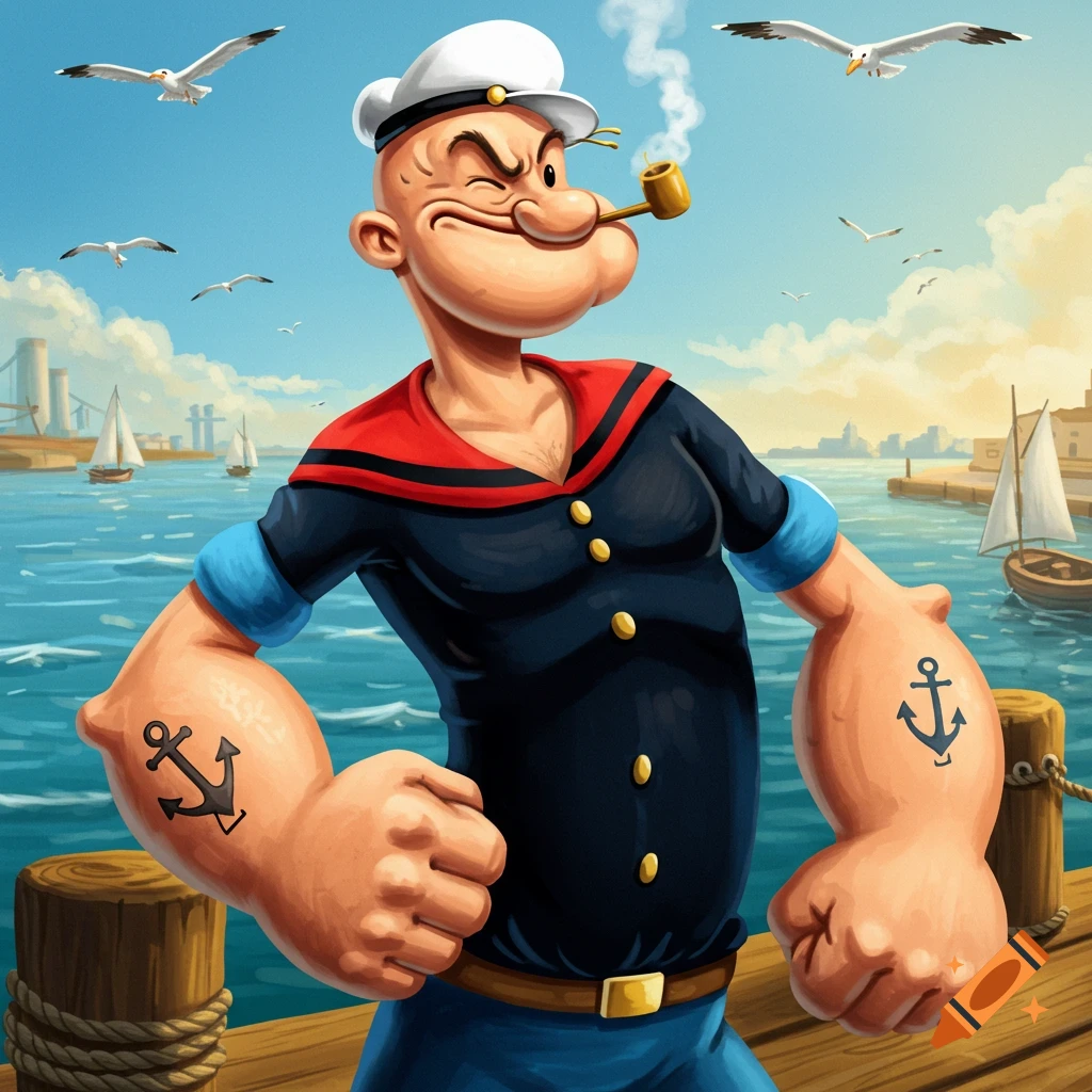 Popeye the Sailor Man winking and smoking a pipe, standing on a dock with boats and seagulls in a colorful cartoon style.