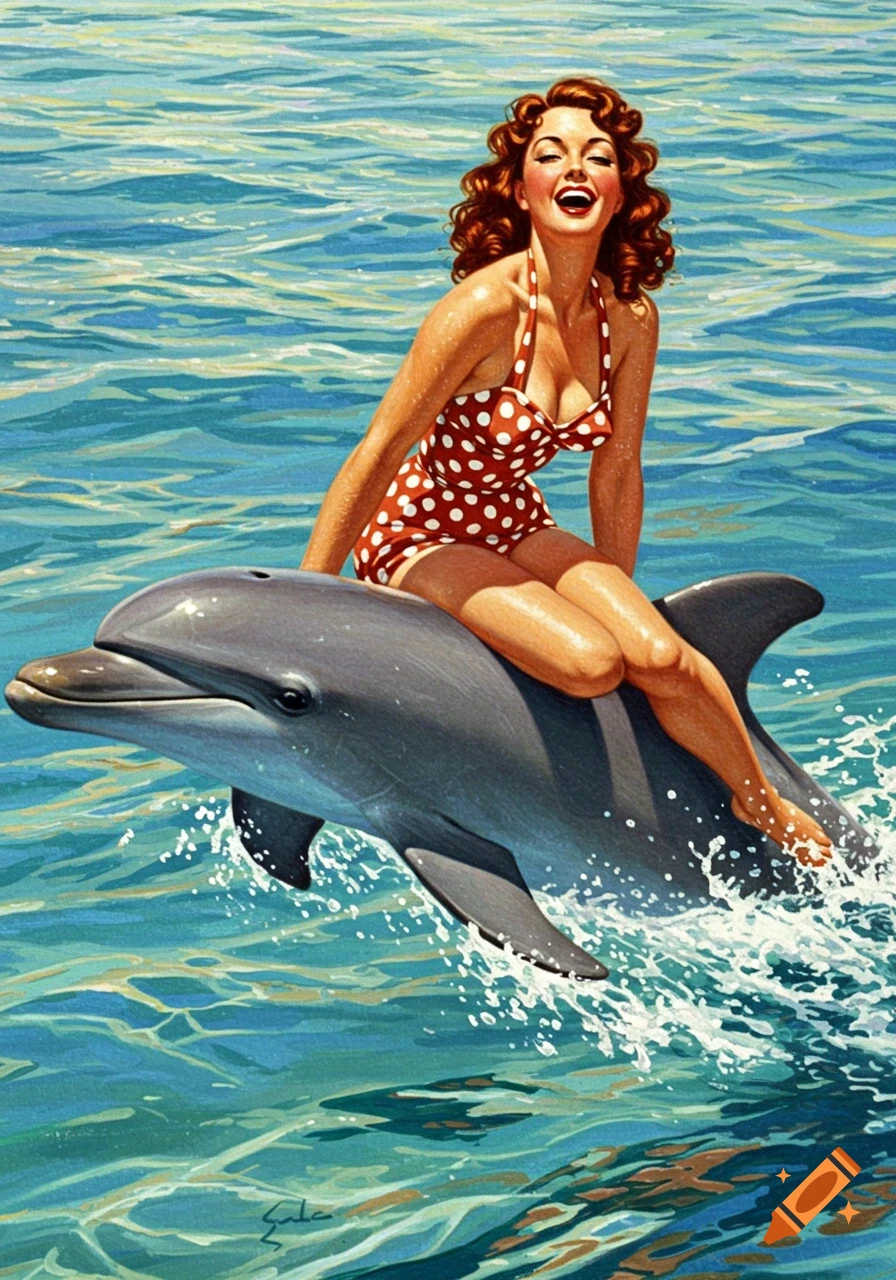 A smiling pin-up style woman with red hair in a red polka-dot swimsuit rides a dolphin in blue water.