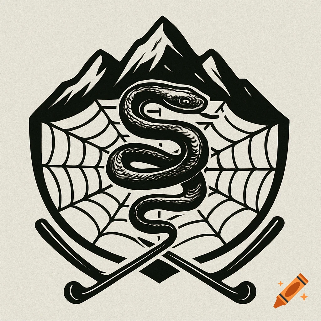 A black and white logo with a snake over a spiderweb, mountains, and crossed roller hockey sticks.