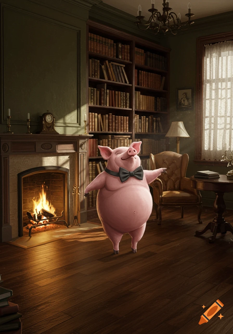 A happy cartoon pig wearing a black bowtie poses in a grand, wood-paneled library with a lit fireplace and packed bookshelves.