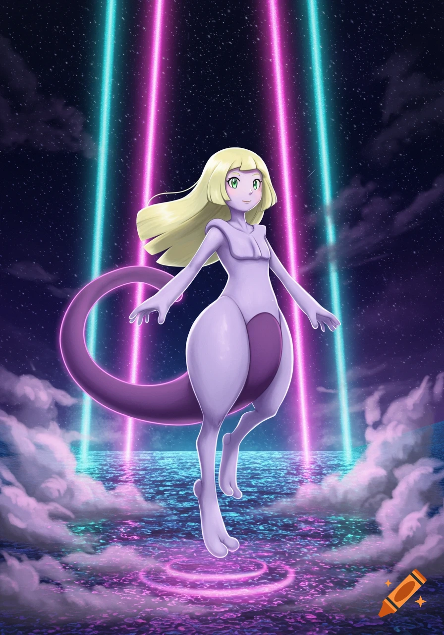 A blonde anime girl with light purple skin and Mewtwo's tail floats above a neon-lit water surface under a starry sky with glowing pink and blue beams.