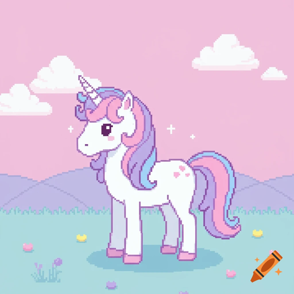 A pastel-colored pixel art unicorn with a pink and purple mane stands in a meadow under a pink sky with clouds.