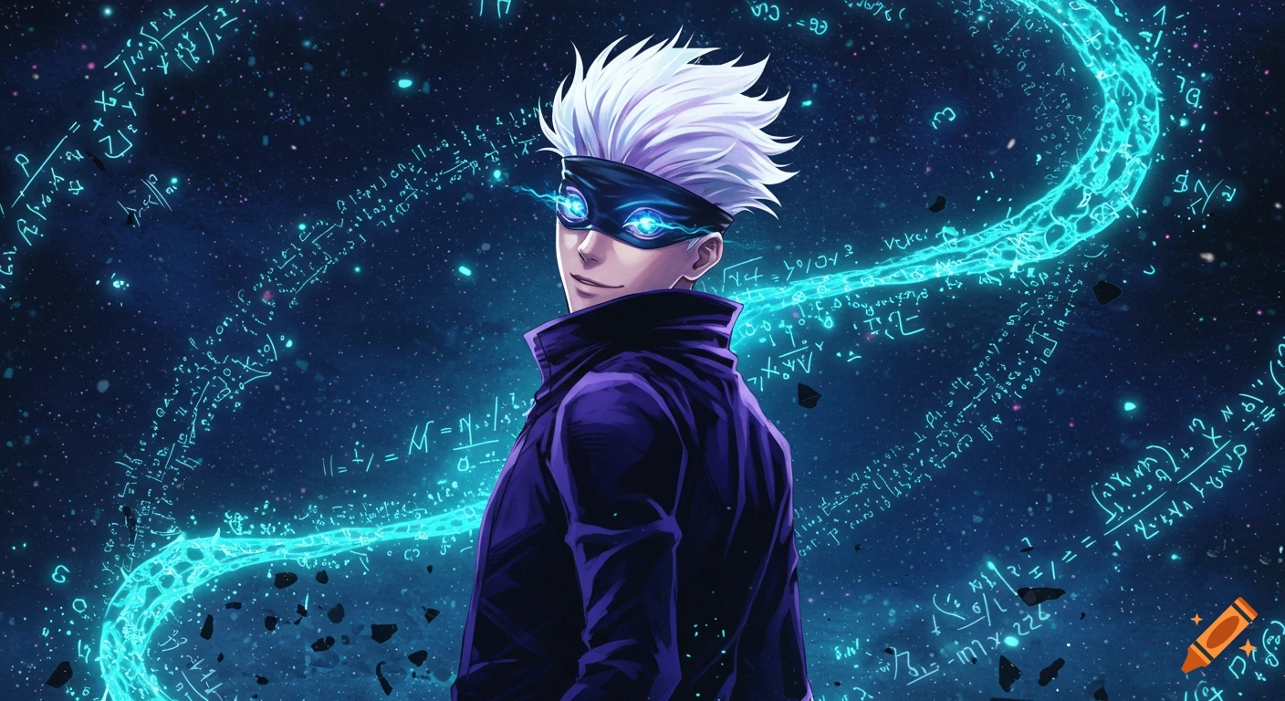 Satoru Gojo from Jujutsu Kaisen in the Unlimited Void domain, looking over his shoulder with a smirk. His glowing blue Six Eyes illuminate the dark, star-filled space with cyan mathematical formulas and runes.