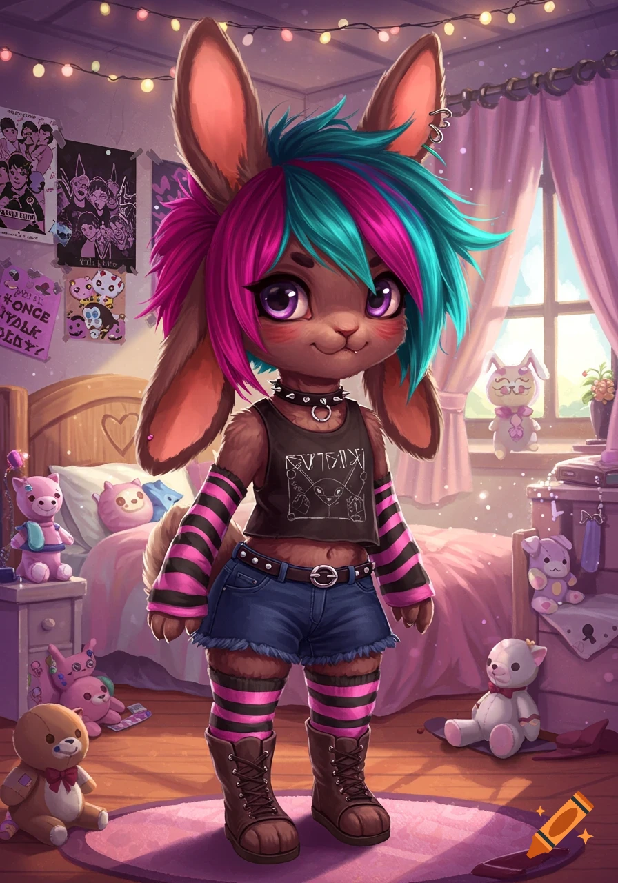 A brown emo bunny girl with pink and teal hair, crop top, shorts, and boots stands in a pink bedroom filled with posters and stuffed animals.
