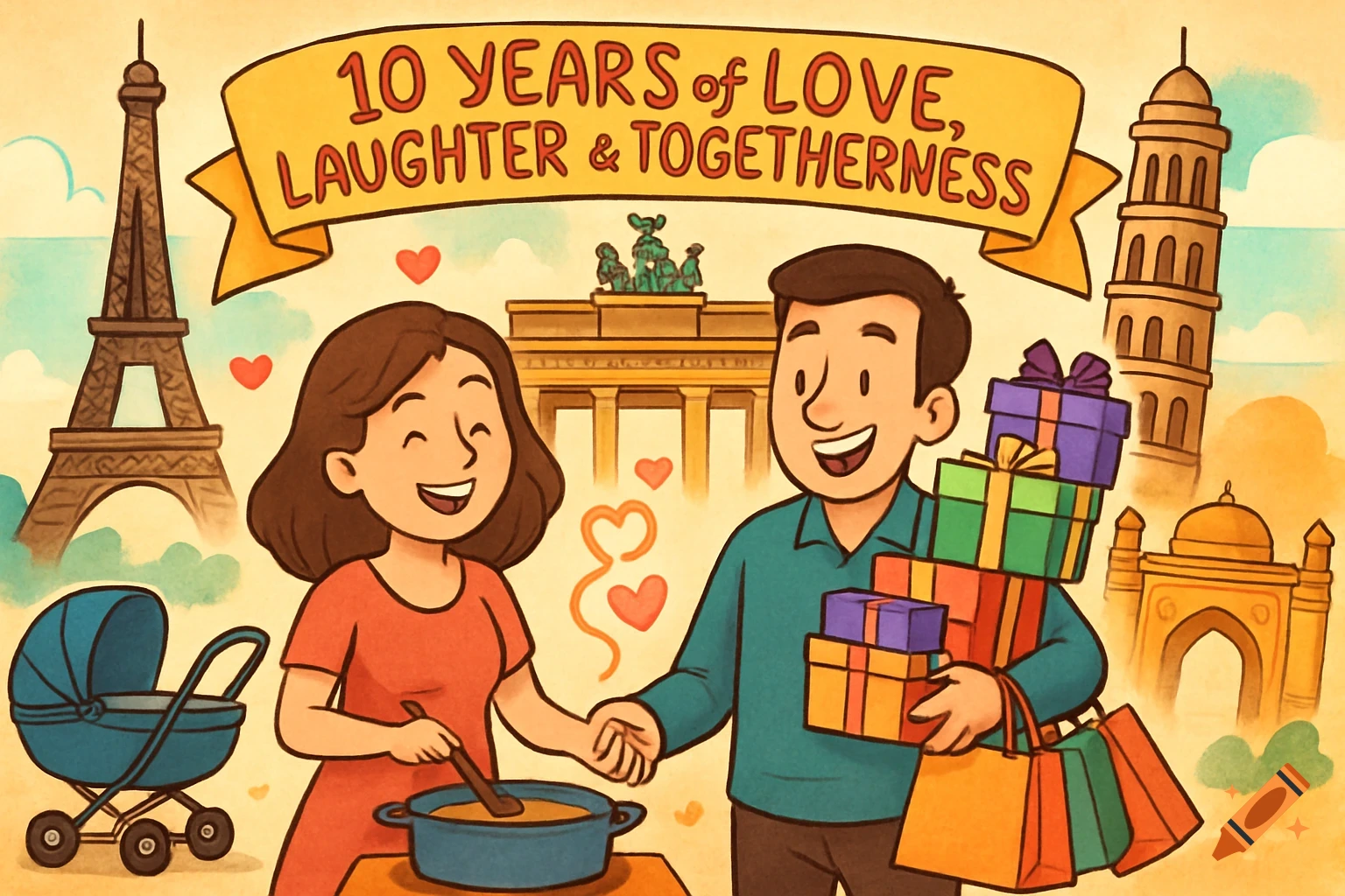 Colorful cartoon of a couple celebrating 10 years of marriage with gifts, a baby stroller, and world landmarks. A banner says '10 Years of Love, Laughter & Togetherness'.