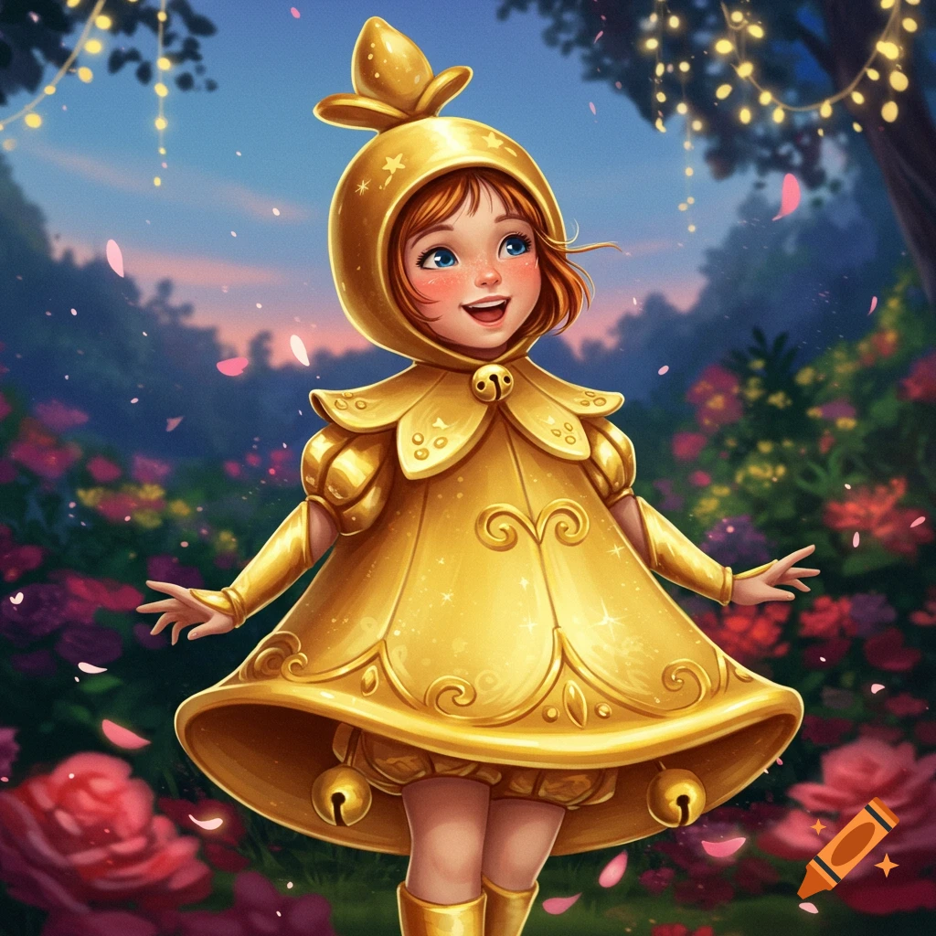A cheerful animated girl in a shiny golden bell costume stands in a whimsical garden with glowing lights and falling petals.