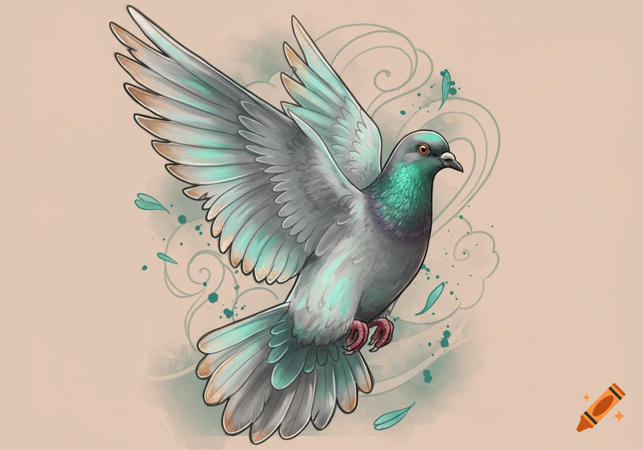 Stylized illustration of a flying pigeon in grey, green, and teal, with decorative swirls.