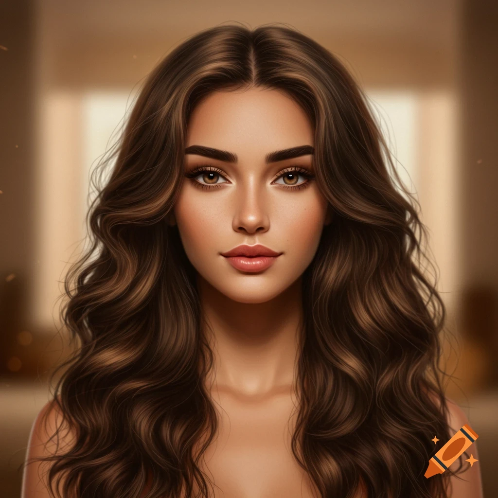 Close-up portrait of a woman with long, wavy brown hair, brown eyes, and a soft expression, against a blurred light background.