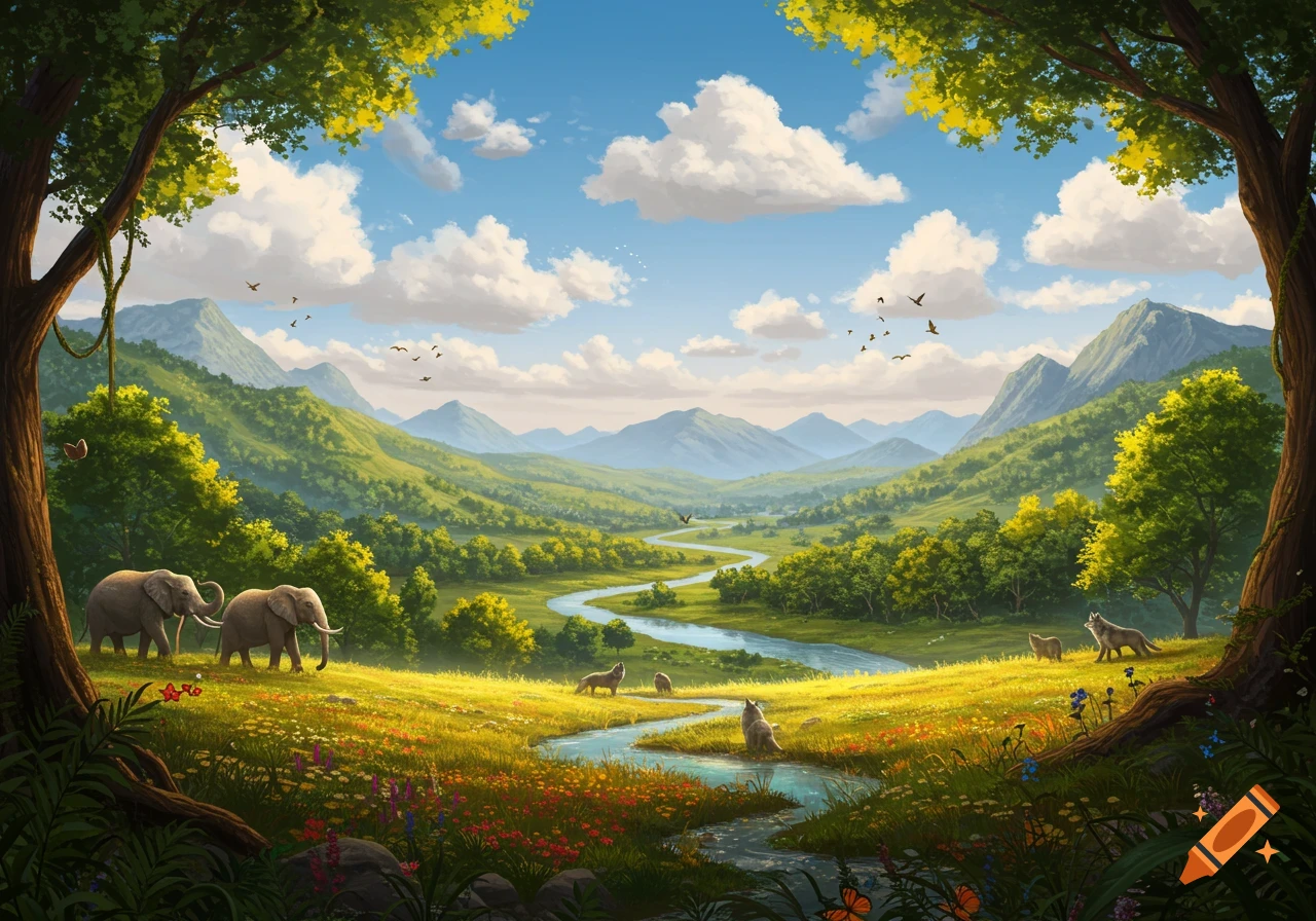 A vibrant, lush valley framed by trees, with a winding river, distant mountains, two elephants, wolves, and butterflies under a blue sky.