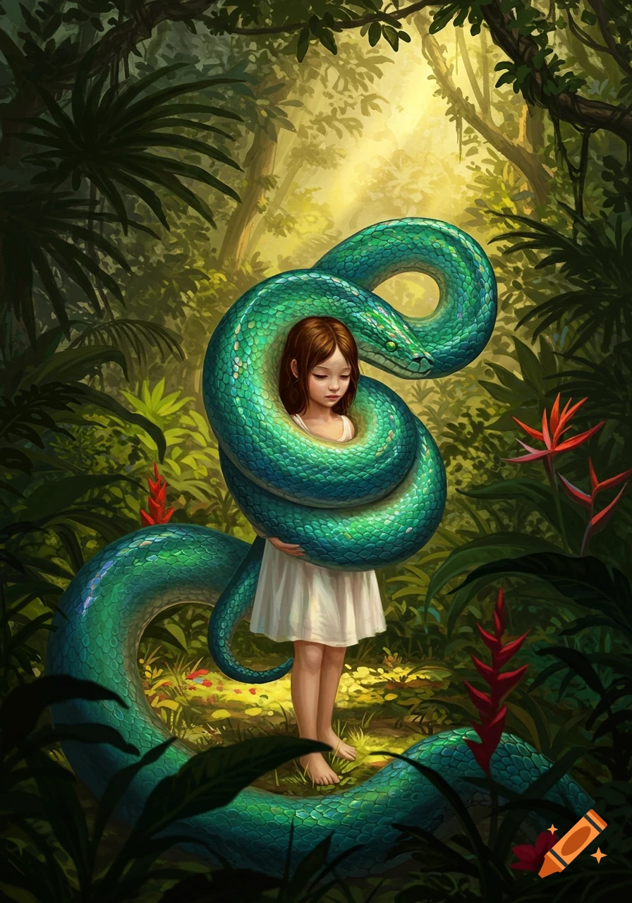 An illustration of a young girl in a white dress, embraced by a large, glistening green snake in a sunlit jungle.