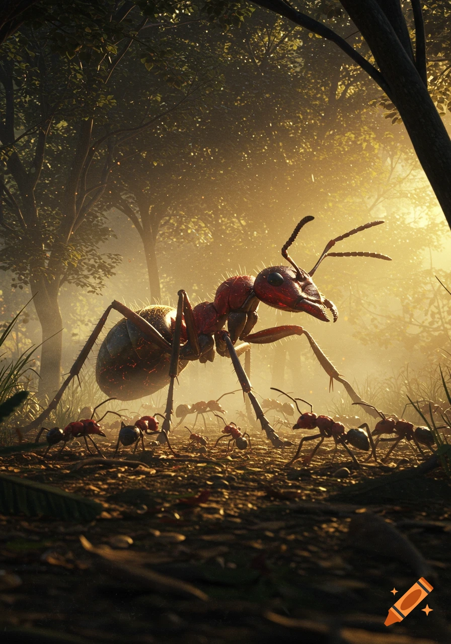 A giant ant leads a swarm of smaller ants through a sun-drenched forest, low-angle photorealistic shot.