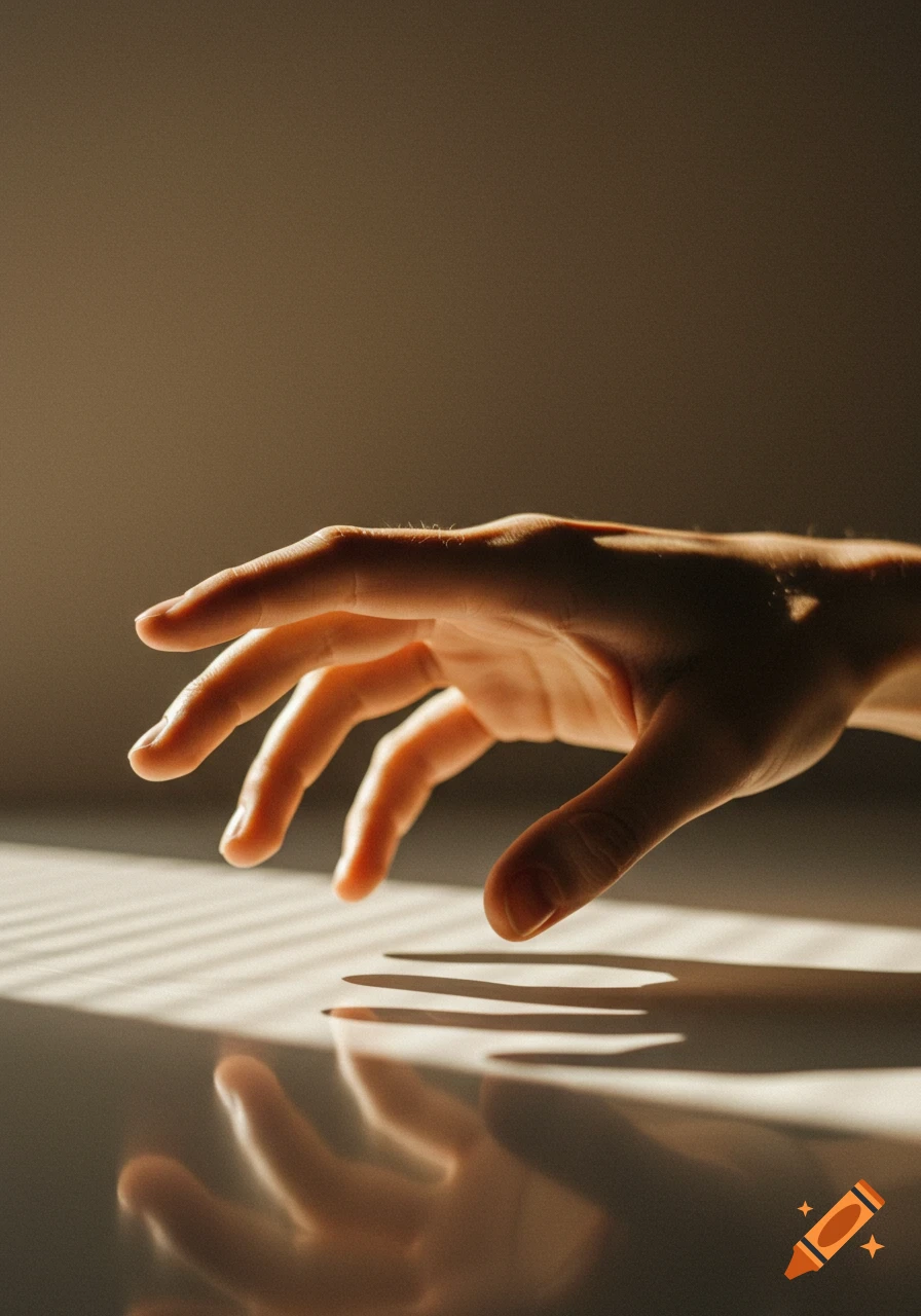 A human hand reaching forward, bathed in dramatic sunlight with shadows and reflections on a surface.