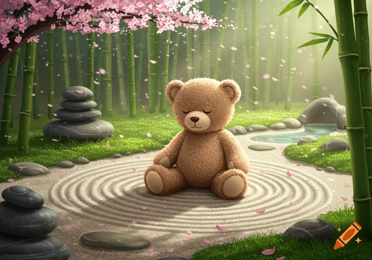 A cute brown teddy bear meditating in a zen garden with pink cherry blossoms, bamboo, and stacked stones.