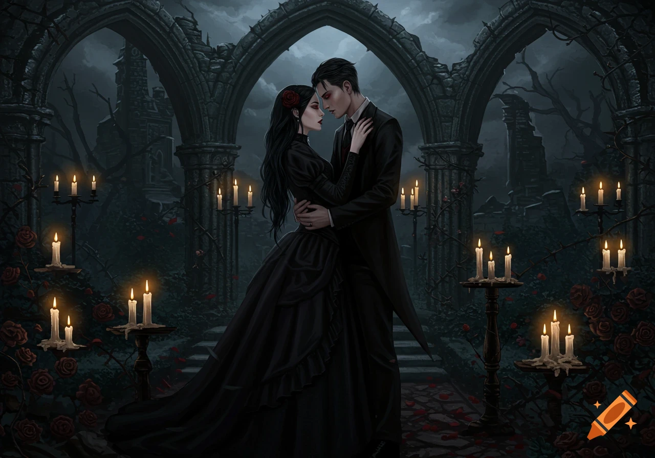 A gothic couple embraces under a ruined archway, surrounded by candles and thorny roses in a dark fantasy illustration.