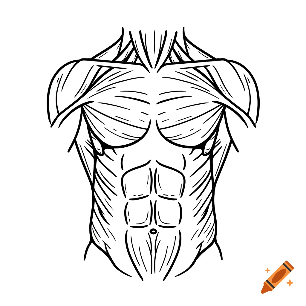 Black and white line drawing of human torso muscles, showing the chest and abdominal muscles.