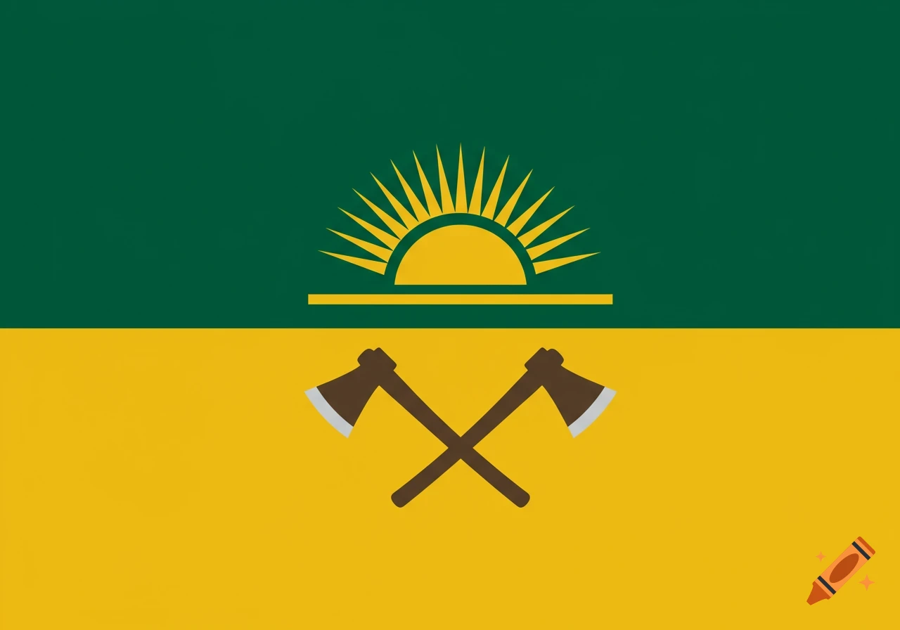 A flat 2D flag with a dark green top half featuring a yellow rising sun and a gold bottom half with crossed brown axes.