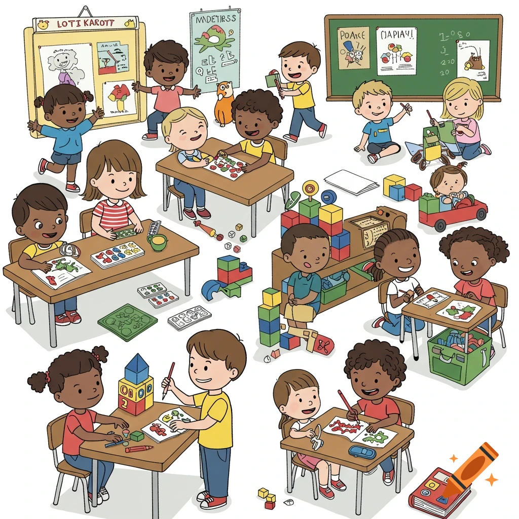 A colorful comic illustration of a bustling classroom with children of diverse ethnicities playing games, drawing, and reading.