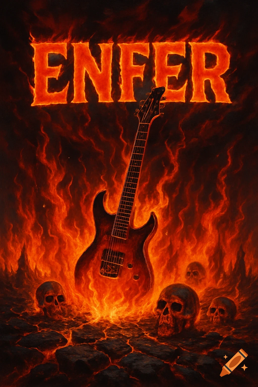 A flaming electric guitar rises from cracked, fiery ground surrounded by skulls under the word 'ENFER' in burning letters, in a heavy metal dark fantasy style.