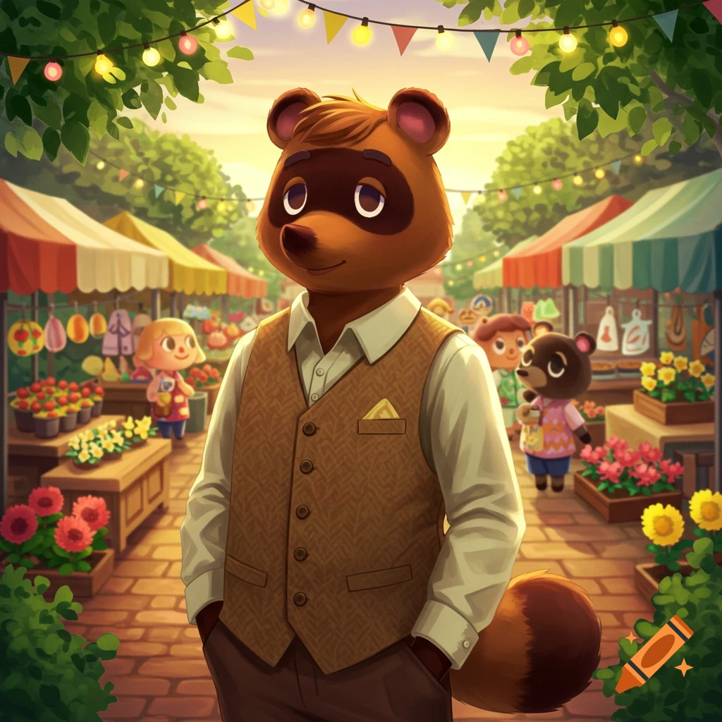 A friendly anthropomorphic raccoon in a brown vest and white shirt stands at an outdoor market with other characters and stalls under string lights.