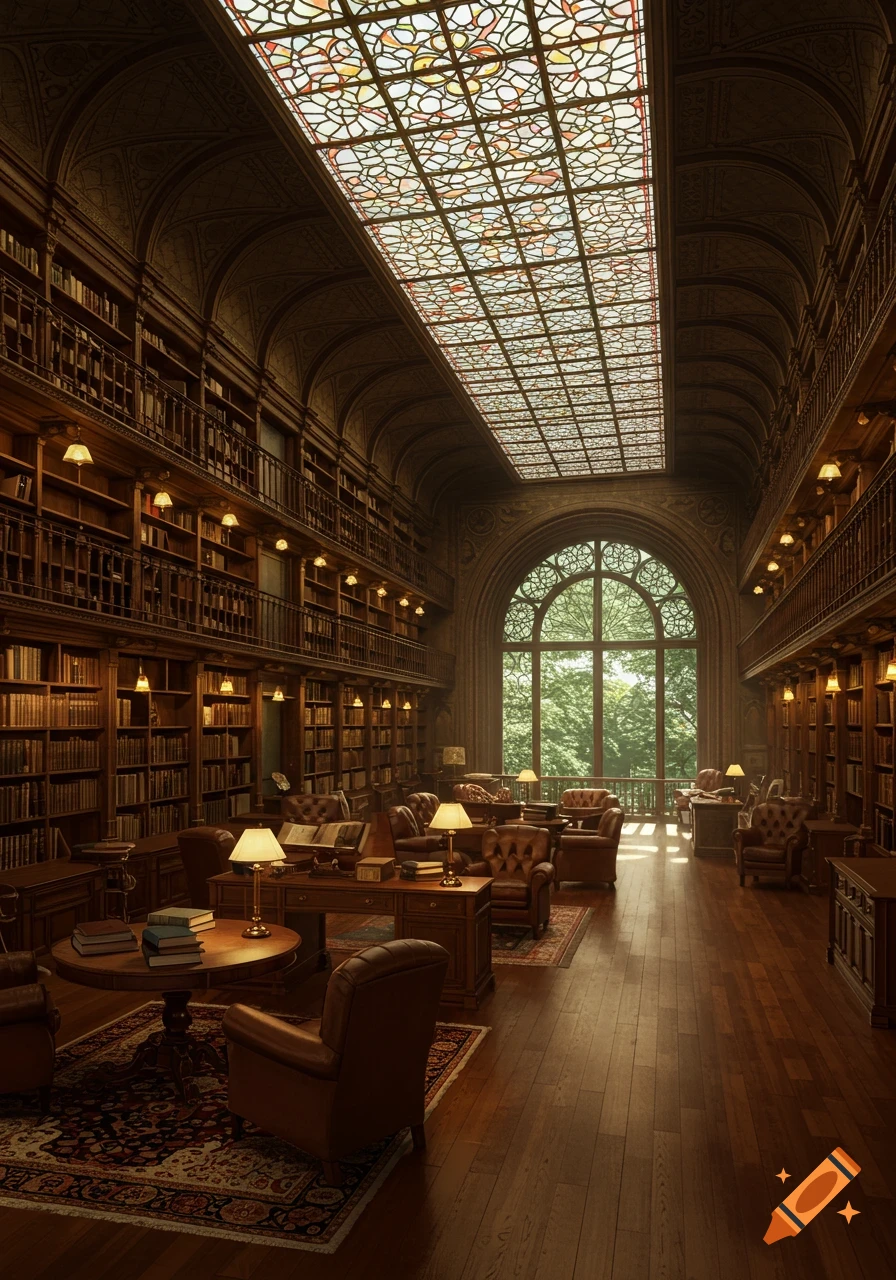 A grand, richly detailed library with towering wooden bookshelves, leather armchairs, a stained glass ceiling, and a large arched window looking out to lush trees.