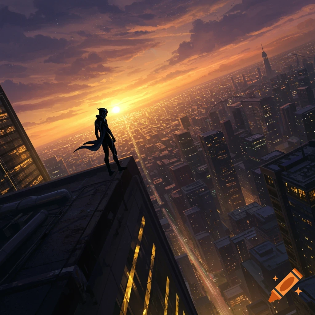 A stylized character stands on a skyscraper rooftop, gazing at a sprawling city during a vibrant orange and purple sunset. Digital art.