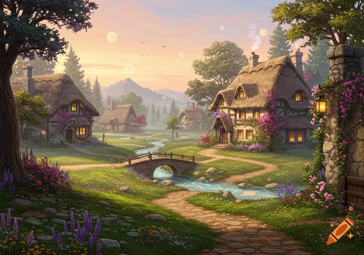 A peaceful fantasy village with charming thatched-roof cottages, a stone bridge over a stream, and lush gardens under a soft sunset.