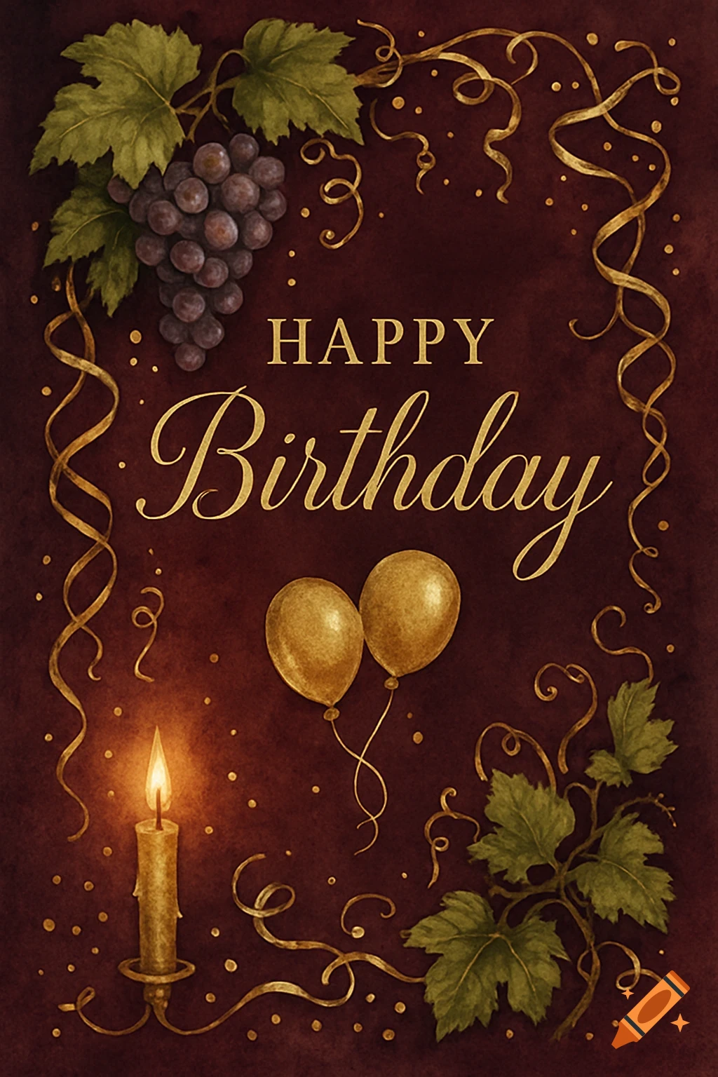 Dark red birthday card with "HAPPY Birthday" in gold, grapes, leaves, golden ribbons, two balloons, and a lit candle, in a painted style.