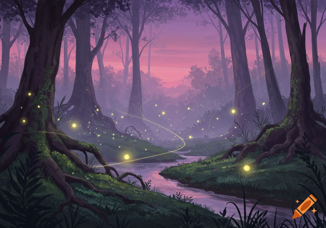 Illustrative fantasy forest at twilight with a stream, large trees, and glowing fireflies creating light trails.