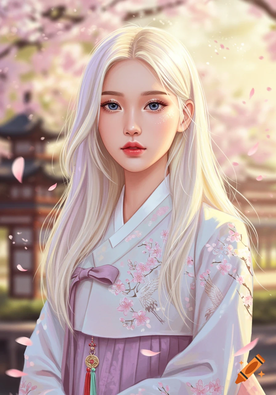 A young woman with long blonde hair and blue eyes wears a white and lavender hanbok with cherry blossoms and cranes, against a background of traditional Korean buildings and pink flowers.