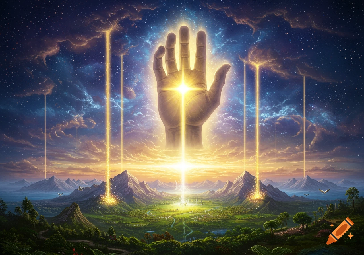 A giant glowing hand extends from a starry, cloudy sky over a lush valley with mountains and light rays.