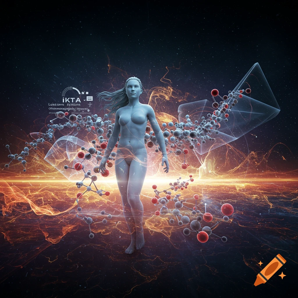 Abstract digital art of a translucent female figure surrounded by molecular structures, set against a dark, glowing cosmic background.