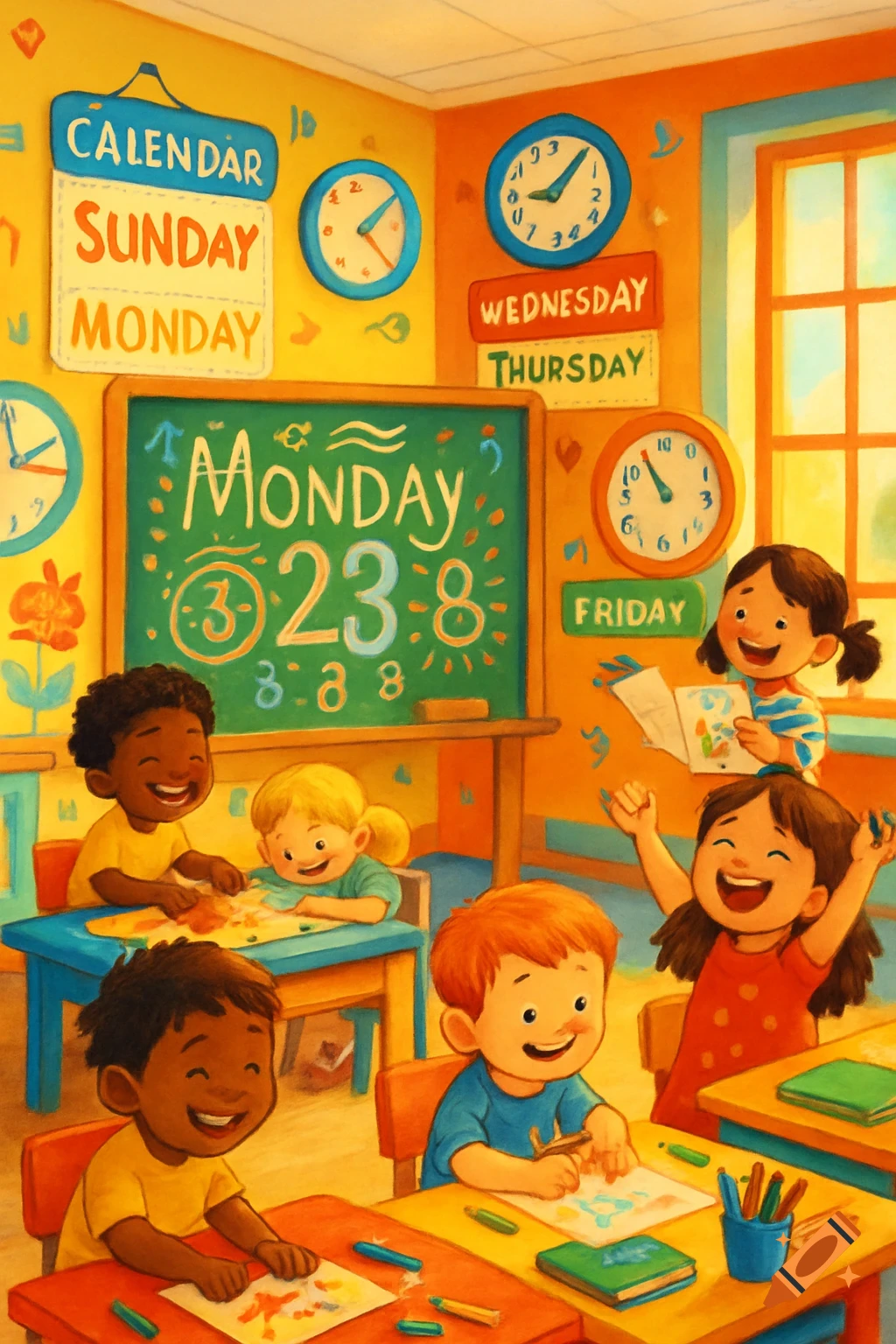 Colorful cartoon illustration of happy children drawing and learning in a bright classroom with calendars, clocks, and a blackboard.