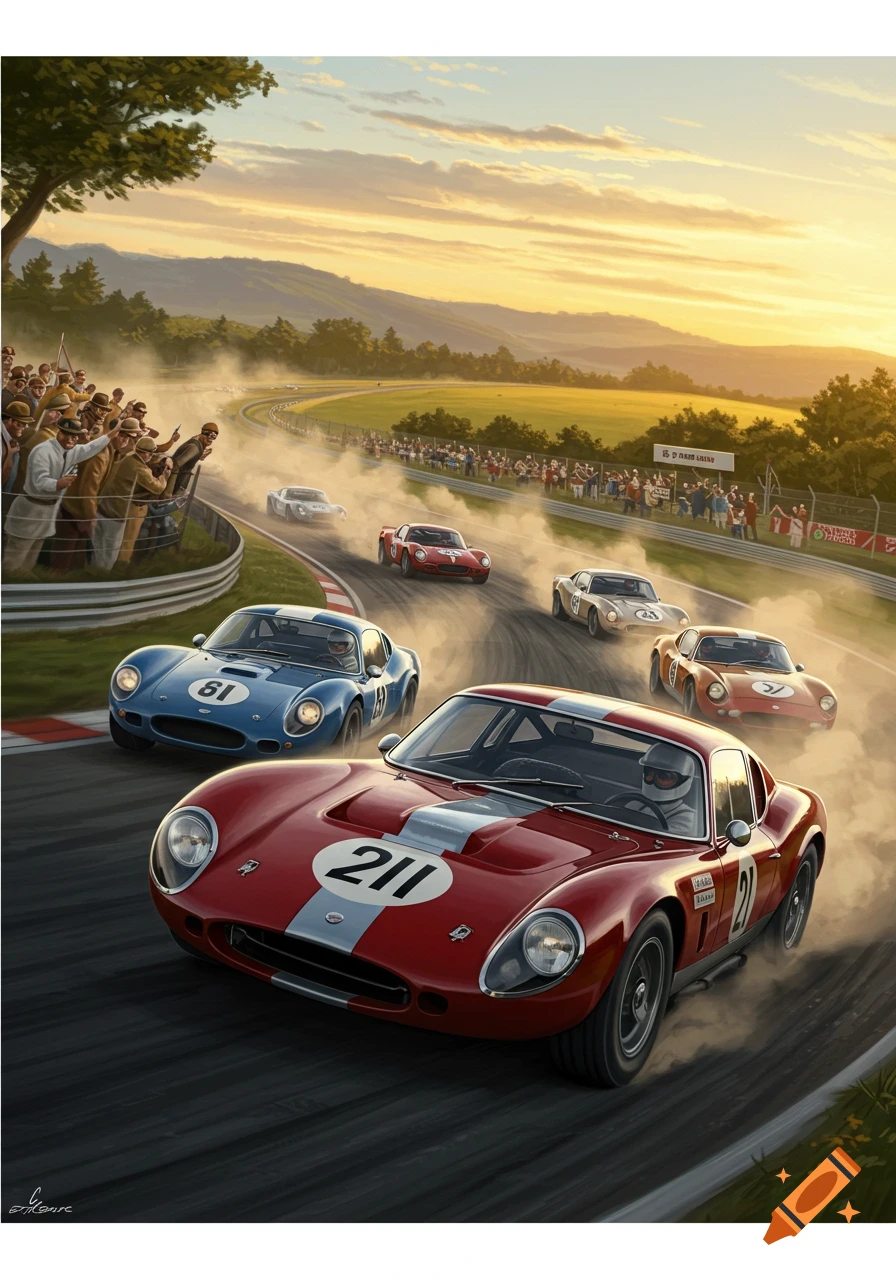 Vibrant illustration of vintage red and blue race cars speeding on a track at sunset, with spectators cheering from the sidelines.
