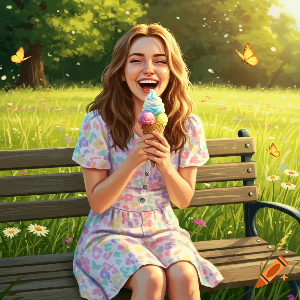 An illustrated woman sits on a park bench, laughing joyfully, holding a colorful ice cream cone in a sunny, flowery park with butterflies.