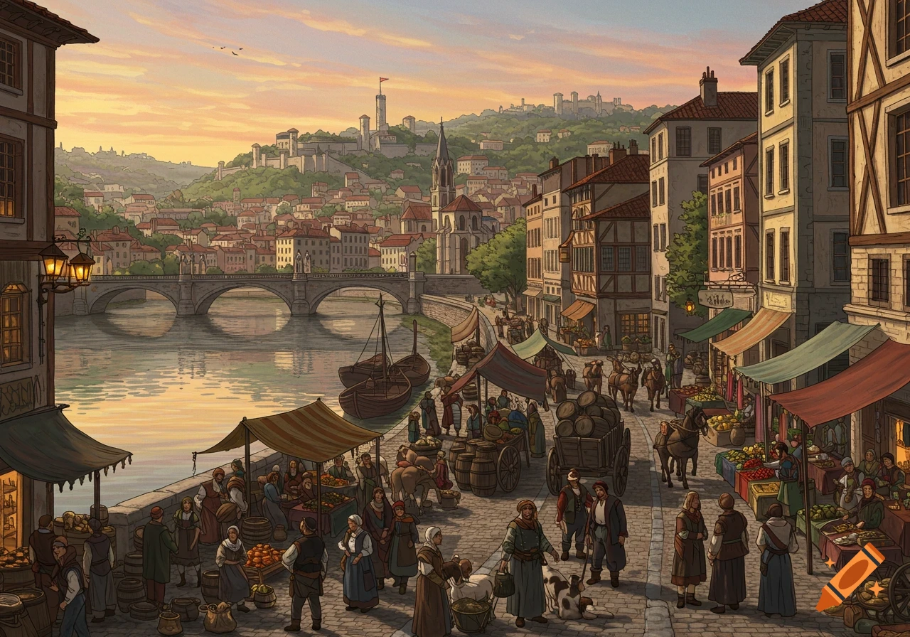 Detailed illustration of a bustling medieval European city market by a river, with people, stalls, a bridge, and buildings on distant hills at sunset.