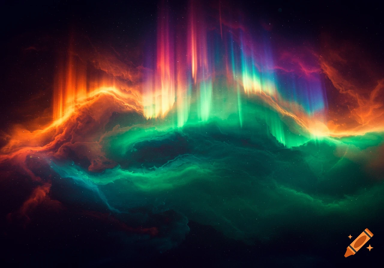 Vibrant aurora-like cosmic nebula with swirling orange, green, blue, and purple lights against a dark, star-filled sky.