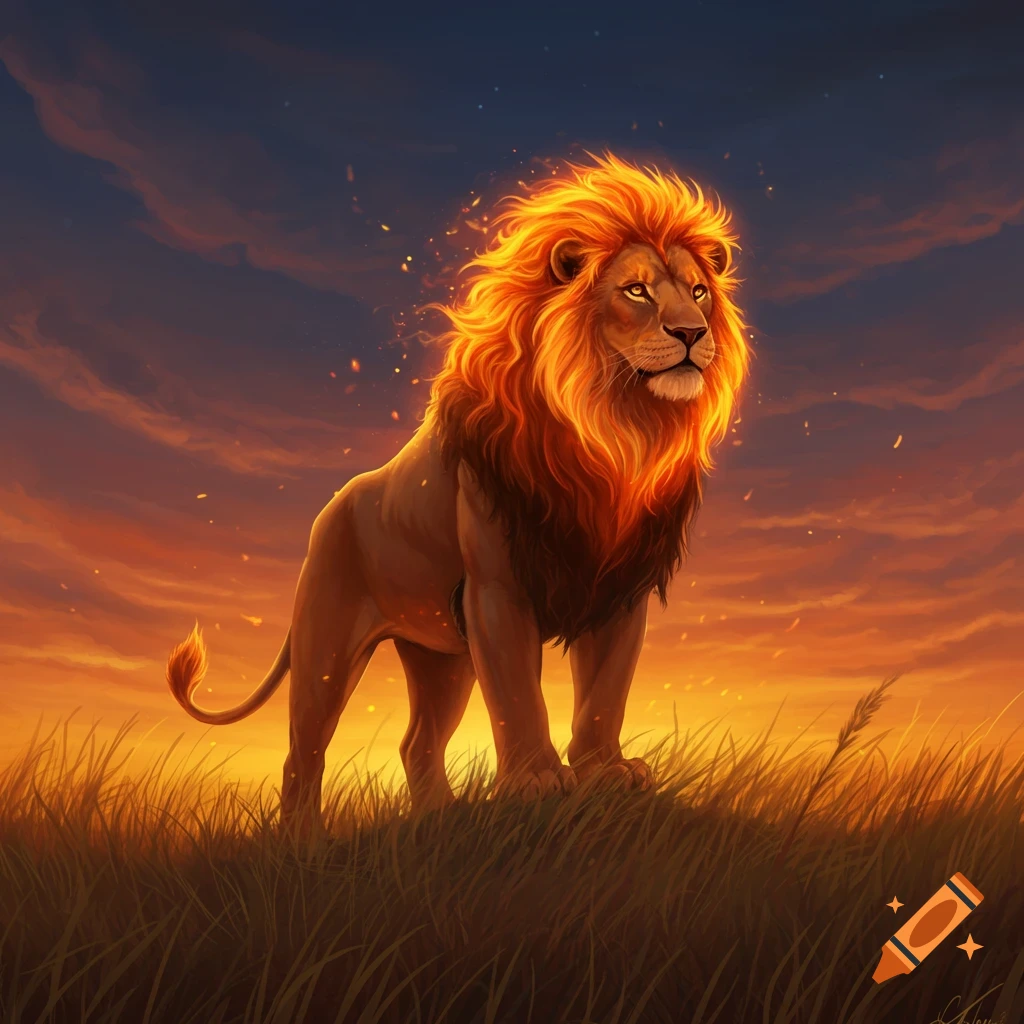 A majestic lion with a fiery mane stands on a grassy hill, gazing right against a vibrant sunset sky. Digital art.