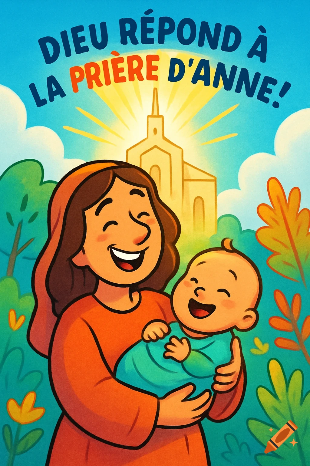 A smiling cartoon woman holds a baby with a bright temple behind them. Text reads: DIEU RÉPOND À LA PRIÈRE D'ANNE!