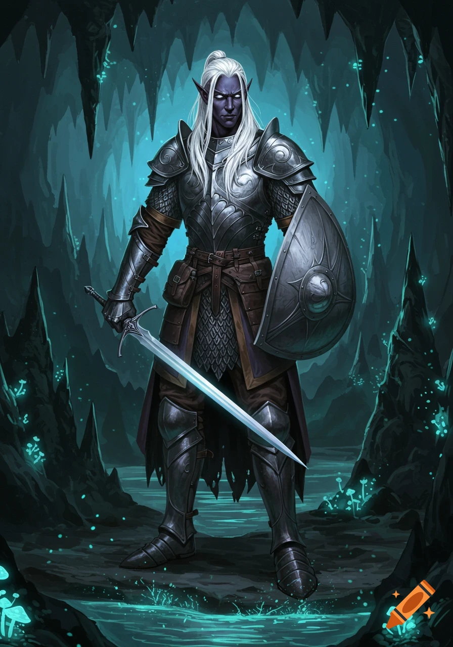 A male Drow fighter in ornate silver armor, holding a glowing sword and shield, stands in a dark, glowing blue cave.